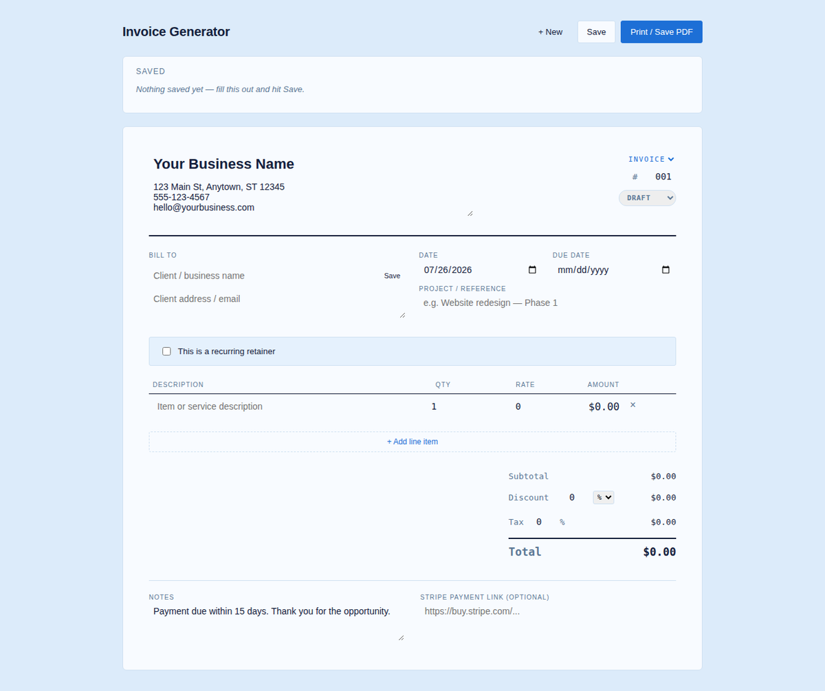 Invoice Generator app screenshot showing a blue-themed invoice with line items and totals